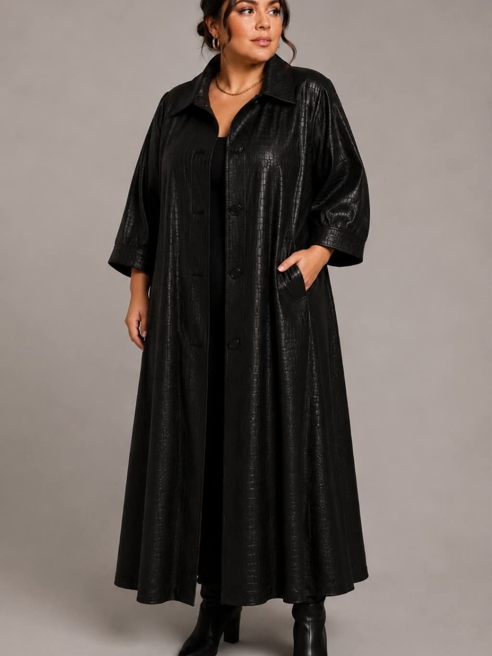 Vintage 90s Vision Structured Statement Duster Coat Black Textured Retro USA